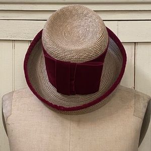 Elie Tahari Straw Bowler Hat Maroon Velvet Ribbon